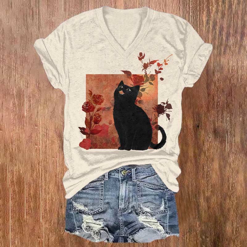 Red Rose Blossom & Black Cat Print T-shirt - Beige - US32-34(5XL) - image 1