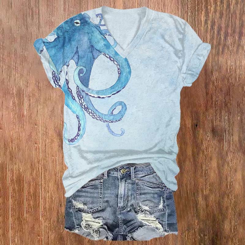 Blue Octopus Tentacles Print T-shirt - Light Blue - US32-34(5XL) - image 1