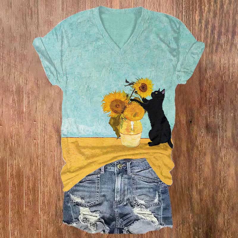 Cute Cat & Sunflower Art Print T-shirt - Mint - US32-34(5XL) - image 1