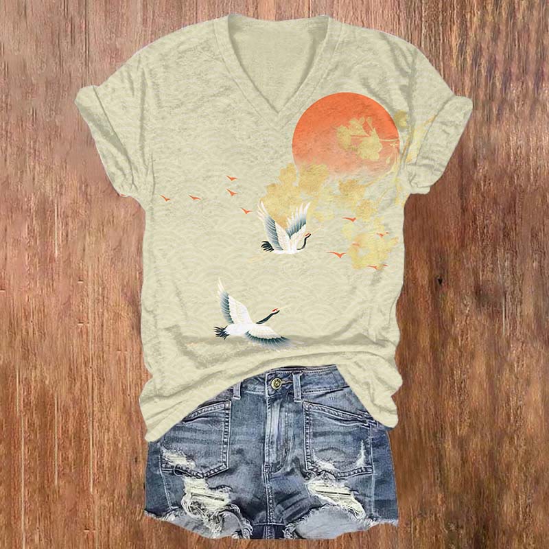 Japanese Retro Crane & Sun Print T-shirt - Khaki - US32-34(5XL) - image 1