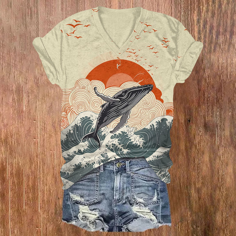 Ocean Waves Whale Art Print T-shirt - Khaki - US32-34(5XL) - image 1