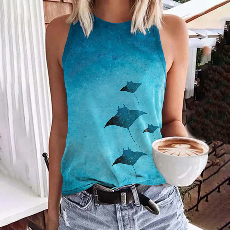 Women's Mysterious Manta Ray Art Print Crew Neck Tank Top - Blue - 5XL - image 1