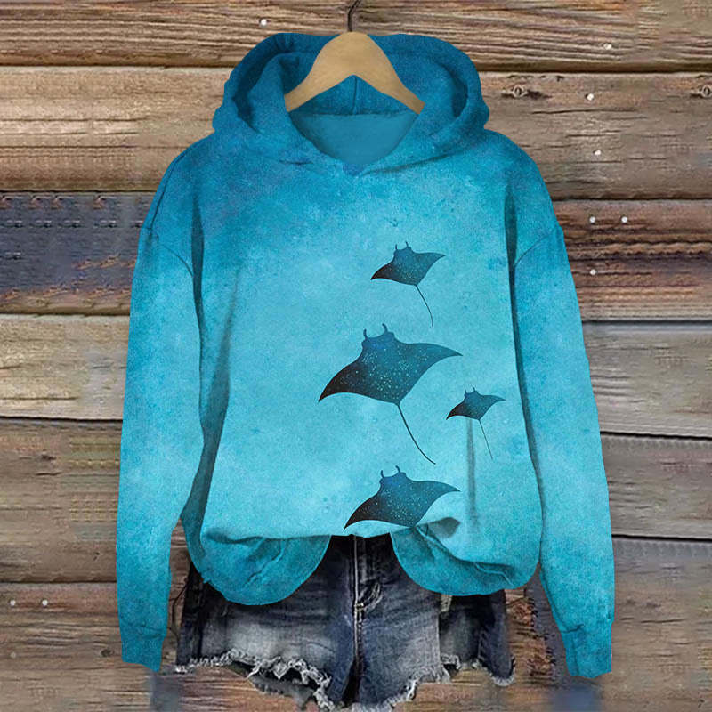 Women's Mysterious Manta Ray Art Print Long Sleeve Hoodie - Blue - US44-46(8XL) - image 1