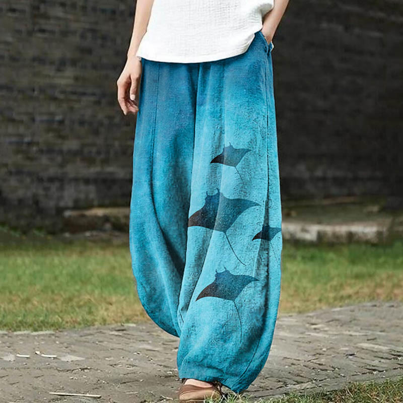 Women's Mysterious Manta Ray Art Print Casual Pants - Blue - 5XL - image 1