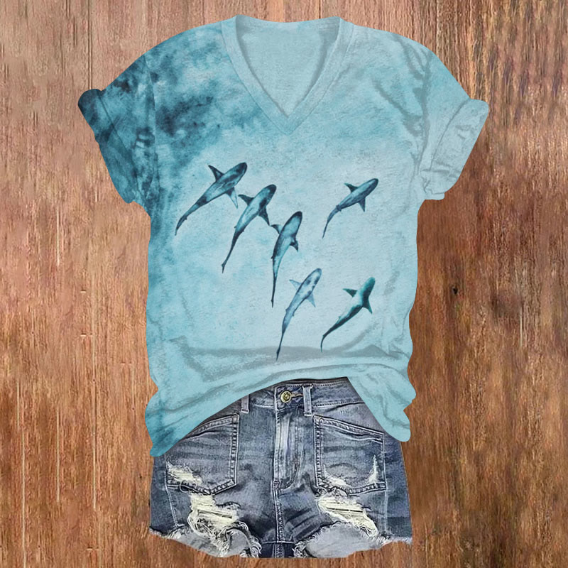 Ocean Shark Art Print T-shirt - Sky Blue - US32-34(5XL) - image 1