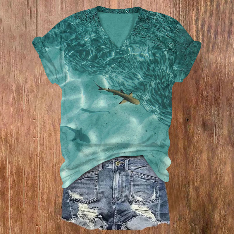 Undersea Shark And Fish Art Print T-shirt - Green - US32-34(5XL) - image 1