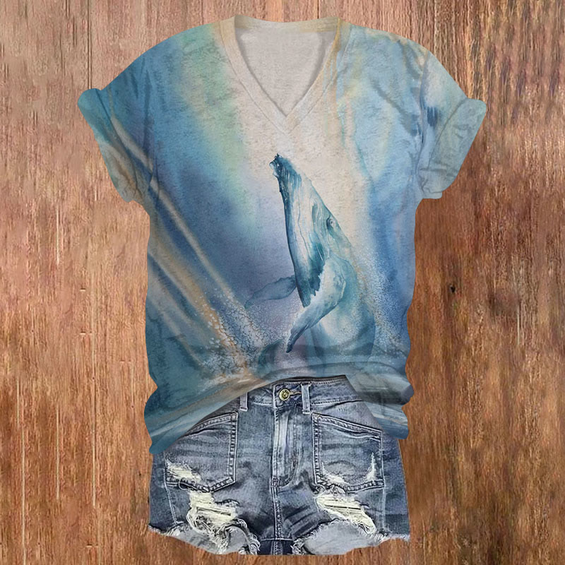 Watercolor Whale Art Print T-shirt - Blue - US32-34(5XL) - image 1