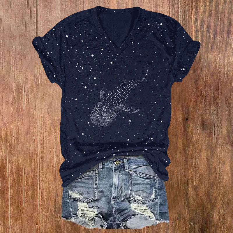 Starry Whale Shark Art Print T-shirt - Dark Blue - US32-34(5XL) - image 1
