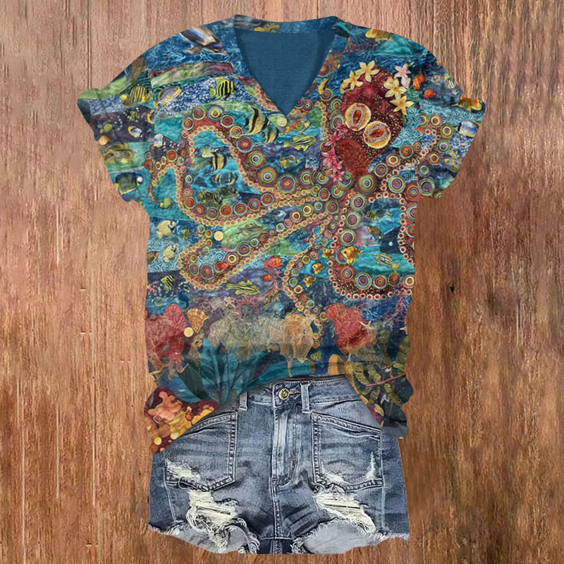 Octopus Flower Art Print T-shirt - Multicolor - US32-34(5XL) - image 1