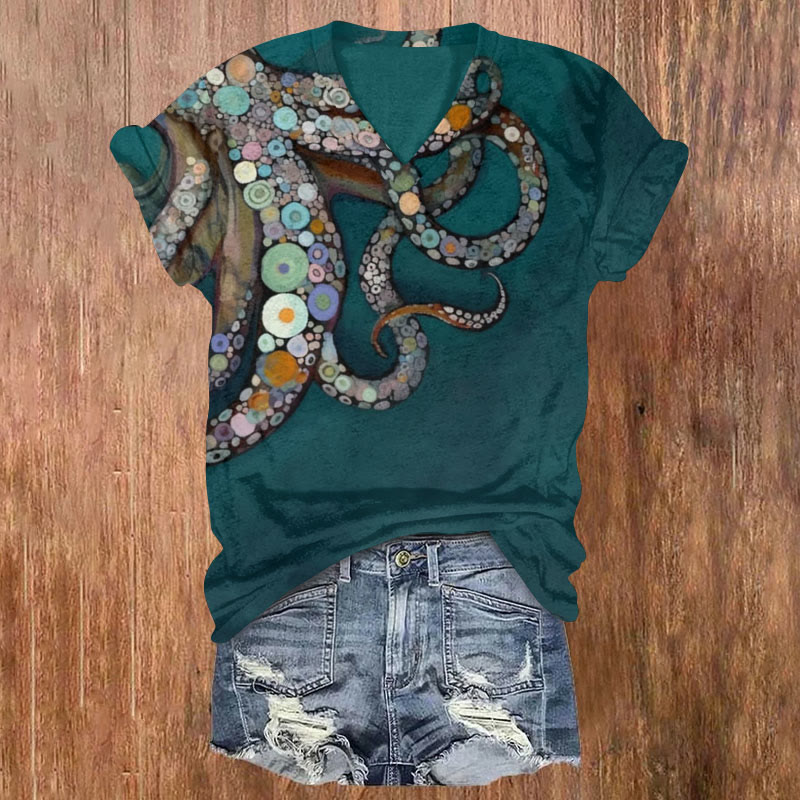 Painted Octopus Art Print T-shirt - Green - US32-34(5XL) - image 1