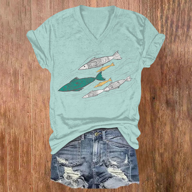 Fish Swimming In The Ocean Art Print T-shirt - Mint - US32-34(5XL) - image 1