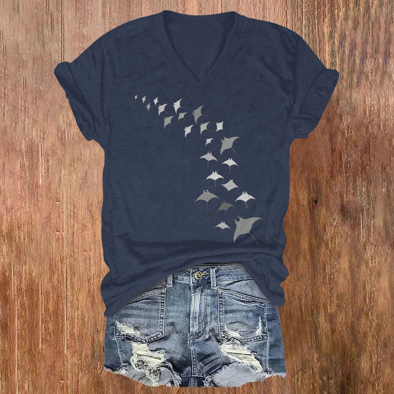 Simple Manta Ray Art Print T-shirt - Navy Blue - US32-34(5XL) - image 1
