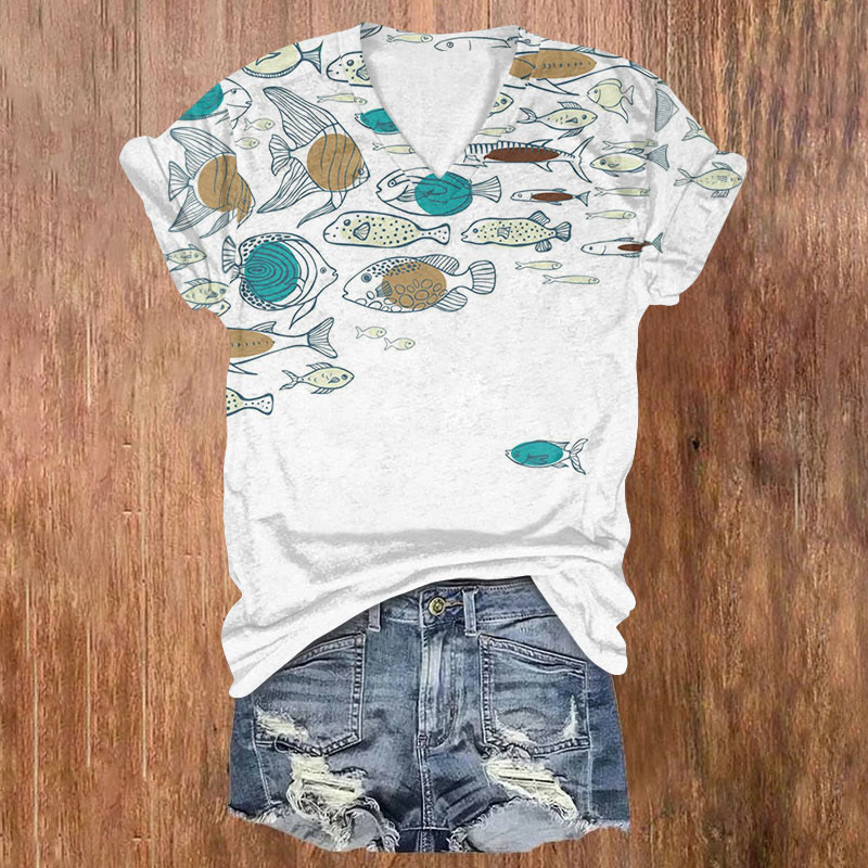 Simple School Of Fish Art Print T-shirt - White - US32-34(5XL) - image 1