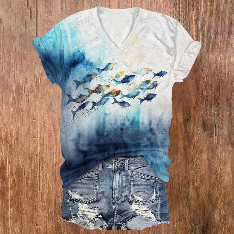 Painted Fish School Art Print T-shirt - Blue - US32-34(5XL) - image 1