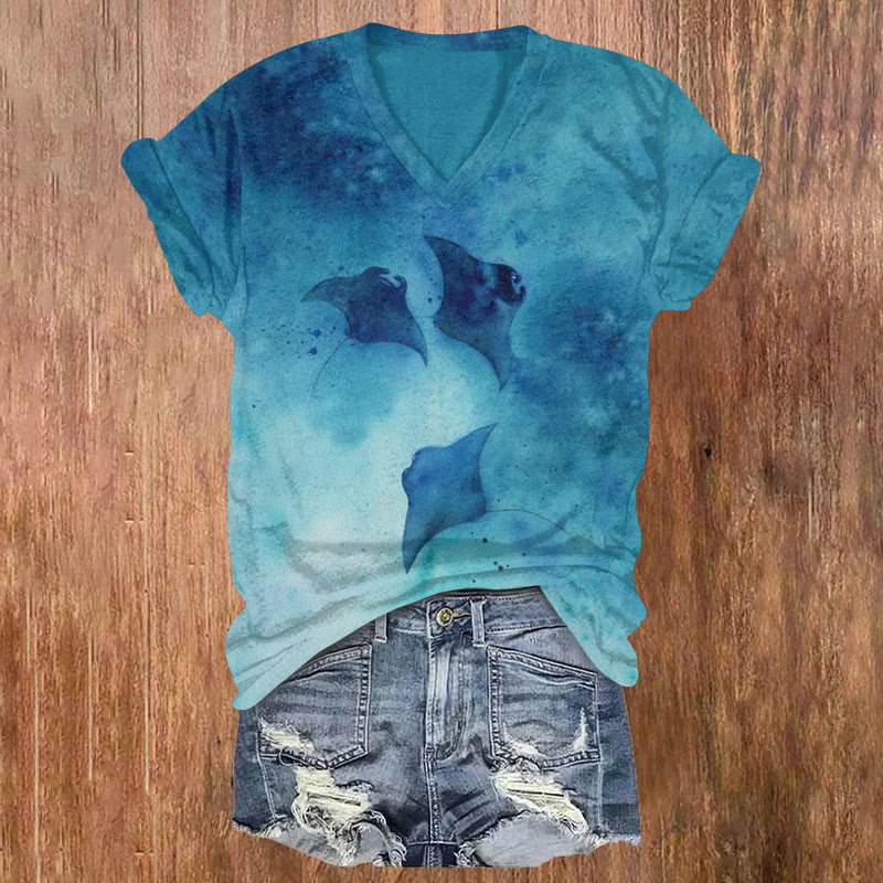  Ocean Manta Ray Art Print T-shirt - Blue - US32-34(5XL) - image 1