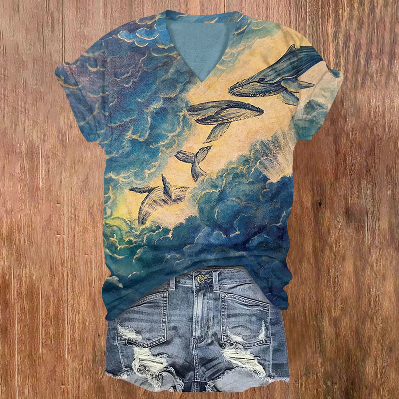 Creative Ocean Whale Art Print T-shirt - Blue - US32-34(5XL) - image 1