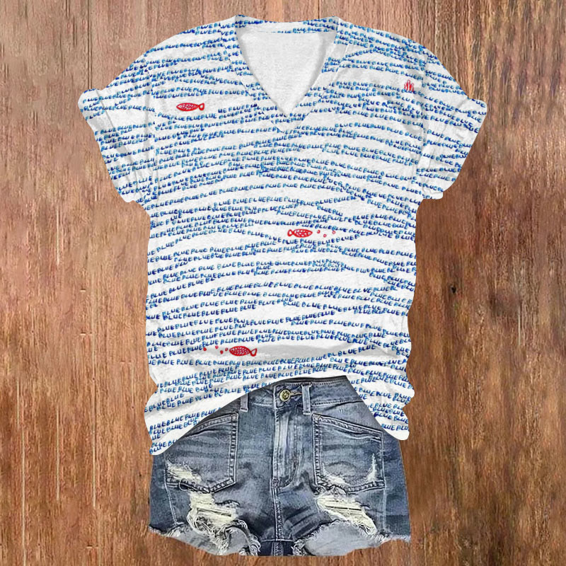 Blue And Fish Print T-shirt - Blue - US32-34(5XL) - image 1
