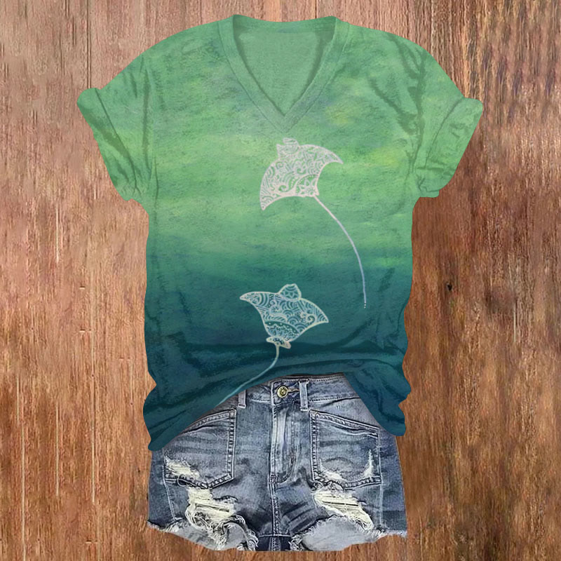  Ocean Manta Ray Art Print T-shirt - Green - US32-34(5XL) - image 1