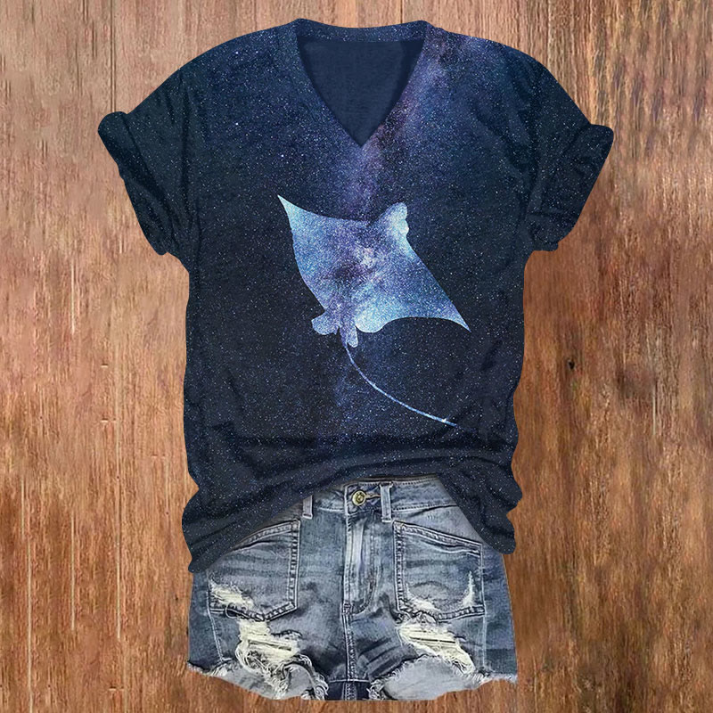 Ocean Starry Manta Ray Art Print T-shirt - Dark Blue - US32-34(5XL) - image 1