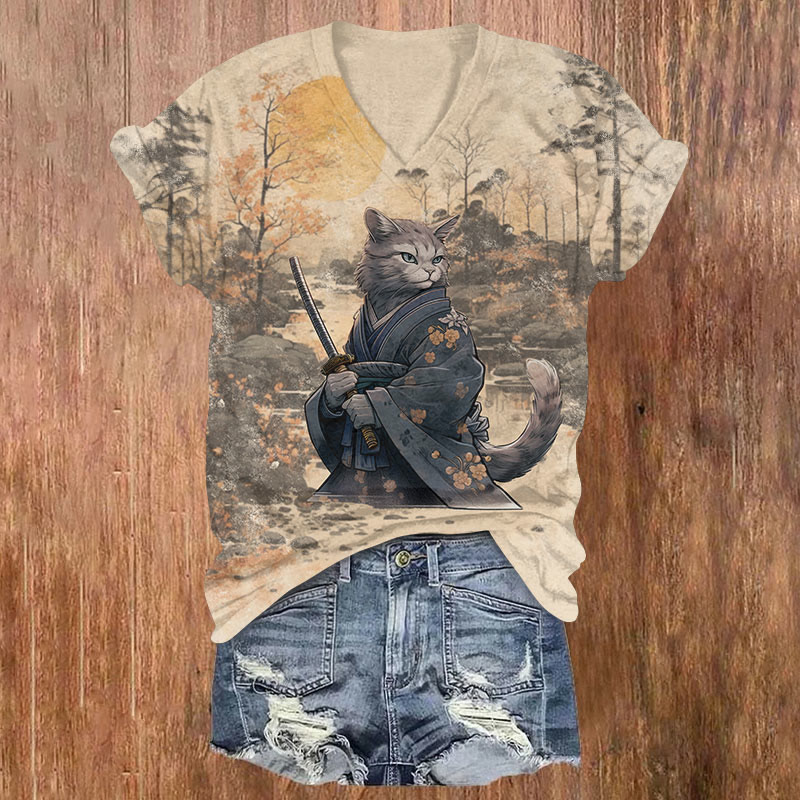 Japanese Retro Kimono Samurai Cat Print T-shirt - Khaki - US32-34(5XL) - image 1