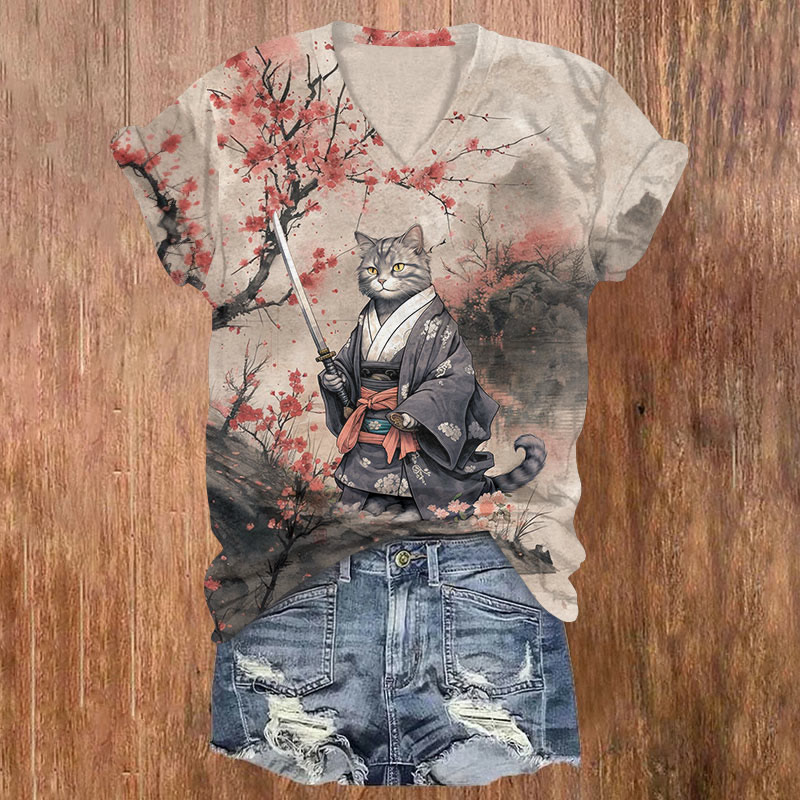Japanese Kimono Samurai Cat & Sakura Art Print T-shirt - Grey - US32-34(5XL) - image 1