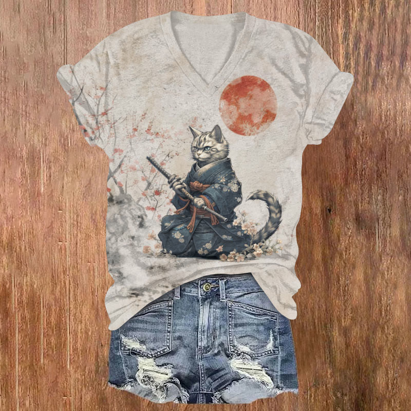 Japanese Retro Samurai Cat Under The Red Moon Print T-shirt - Light Gray - US32-34(5XL) - image 1