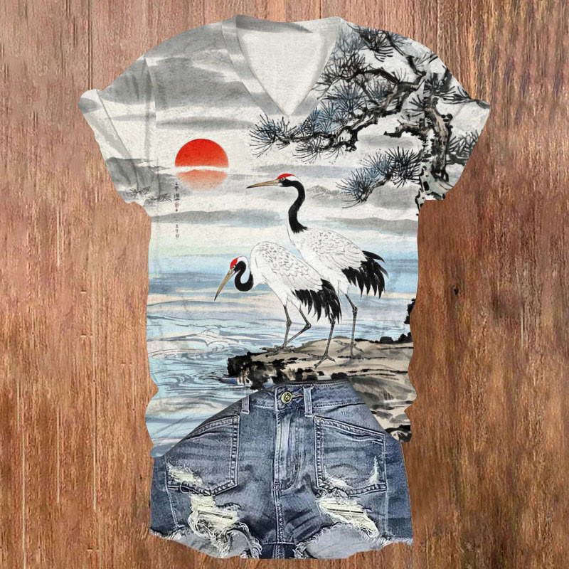 Japanese Red-crowned Cranes At Sunset Print T-shirt - Multicolor - US32-34(5XL) - image 1
