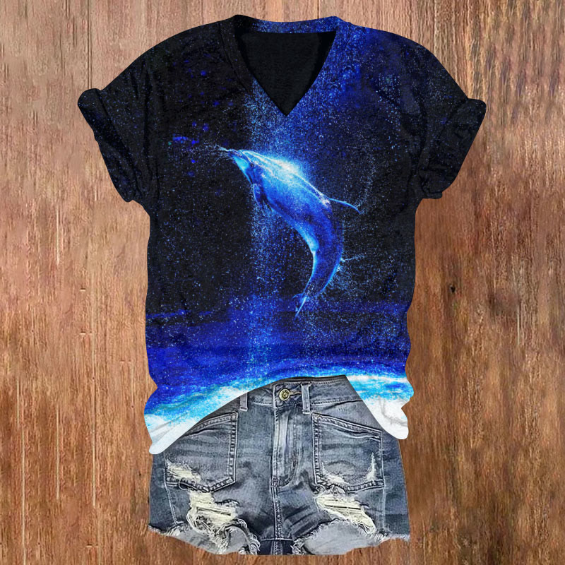 Ocean Starry Sky Dolphin Art Print T-shirt - Dark Blue - US32-34(5XL) - image 1