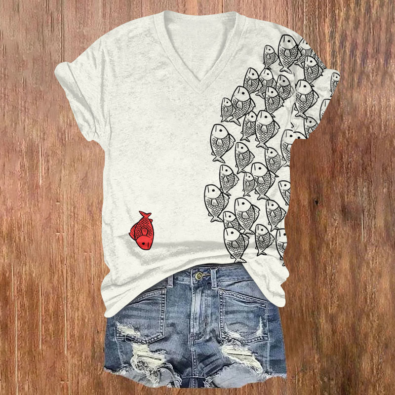 Interesting Asymmetric Fish School Art Print T-shirt - Beige - US32-34(5XL) - image 1