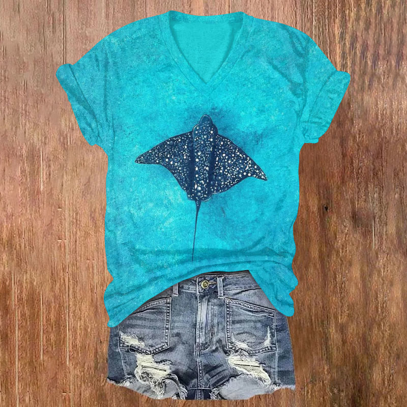 Ocean Stingray Art Print T-shirt - Lake Blue - US32-34(5XL) - image 1