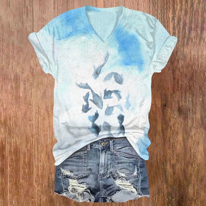 Fish Watercolor Bloom Art Print T-shirt - Light Blue - US32-34(5XL) - image 1