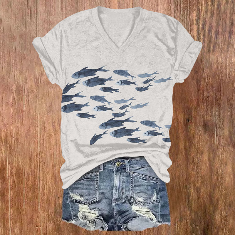 Simple School Of Fish Art Print T-shirt - Light Gray - US32-34(5XL) - image 1