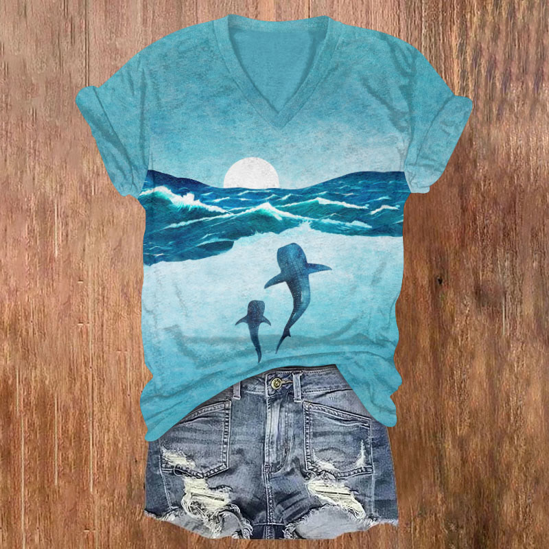 Ocean And Whales Art Print T-shirt - Green - US32-34(5XL) - image 1