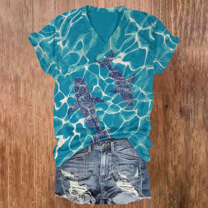 Ocean Water Ripples Whale Shark Art Print T-shirt - Blue - US32-34(5XL) - image 1