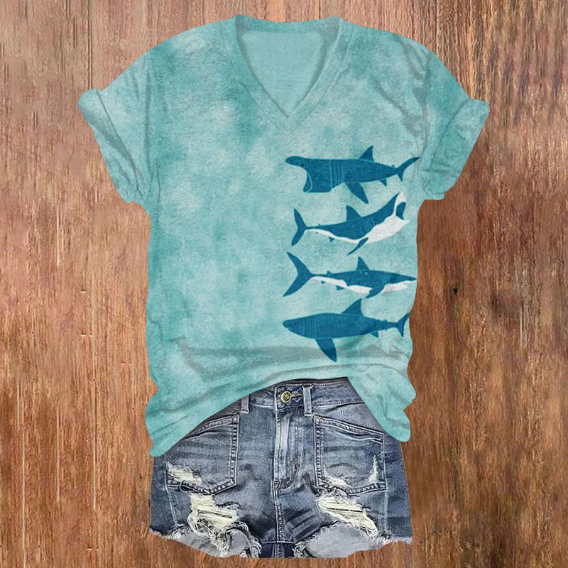 Ocean Shark Art Print T-shirt - Green - US32-34(5XL) - image 1