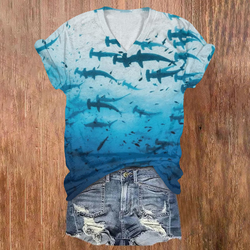 Ocean Shark Gradient Art Print T-shirt - Blue - US32-34(5XL) - image 1