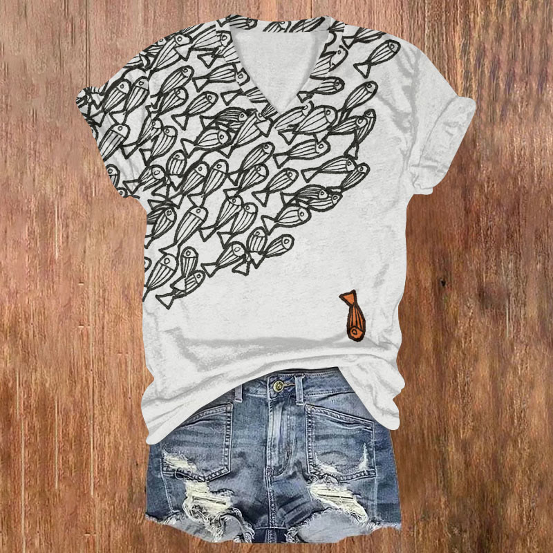 Creative Asymmetrical Fish School Art Print T-shirt - Light Gray - US32-34(5XL) - image 1