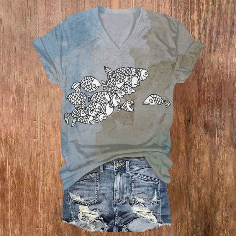 Fun Fish Blooming Art Print T-shirt - Grey - US32-34(5XL) - image 1