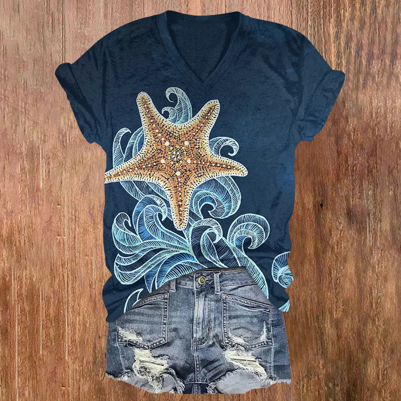 Starfish & Seaweed Art Print T-shirt - Blue - US32-34(5XL) - image 1