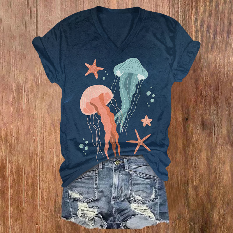 Jellyfish & Starfish Sea Life Art Print T-shirt - Blue - US32-34(5XL) - image 1