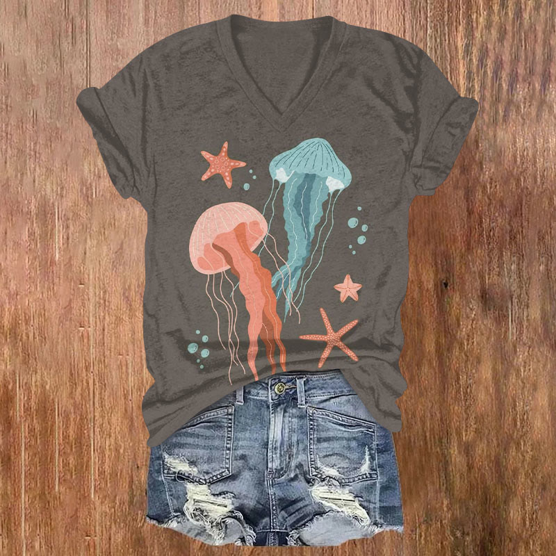 Jellyfish & Starfish Sea Life Art Print T-shirt - Brown - US32-34(5XL) - image 2