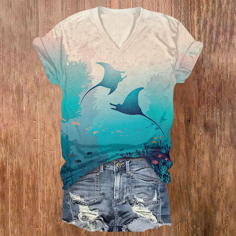Majestic Manta Rays Ocean Scene Art Print T-shirt - Sky Blue - US32-34(5XL) - image 1