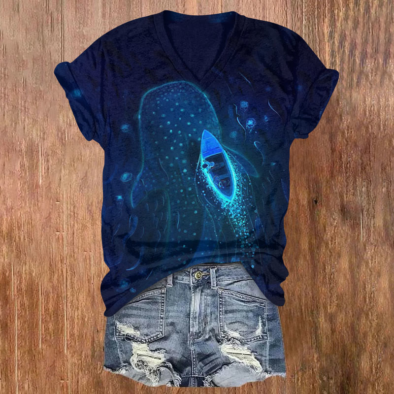 Fantastic Luminous Boat & Whale Shark Art Print T-shirt - Navy Blue - US32-34(5XL) - image 1