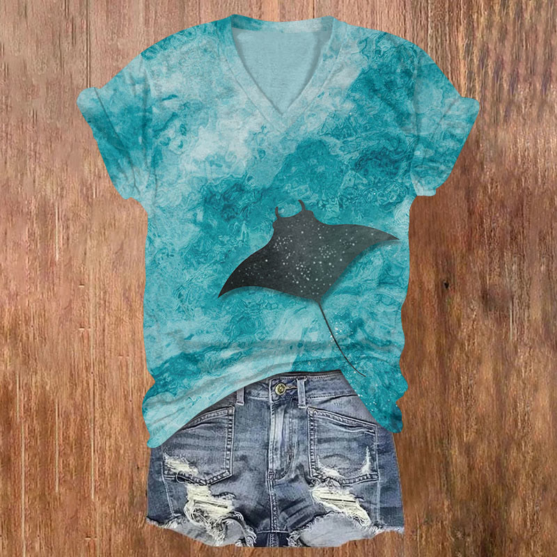 Mystic Ocean Ray Art Print T-shirt - Lake Blue - US32-34(5XL) - image 1