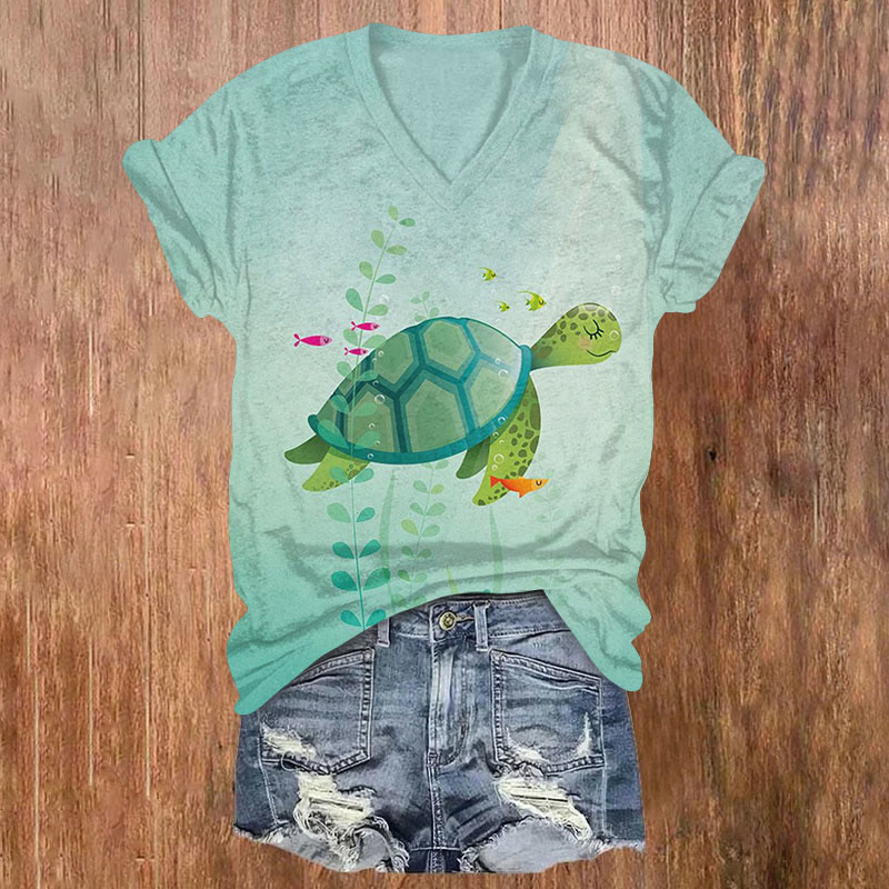 Cute Cartoon Sea Turtle Art Print T-shirt - Mint - US32-34(5XL) - image 1