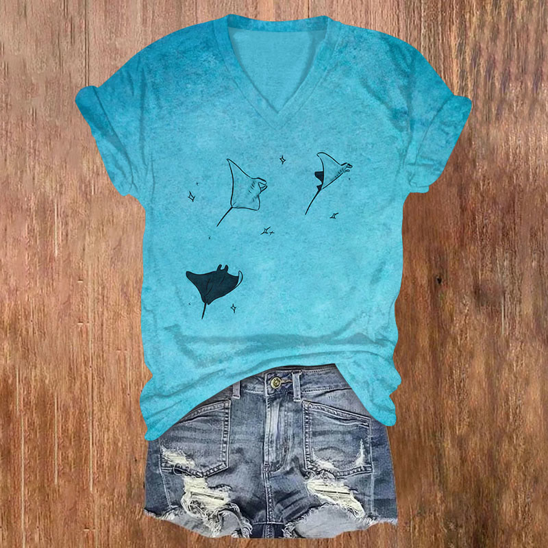 Dancing Manta Rays Art Print T-shirt - Sky Blue - US32-34(5XL) - image 1