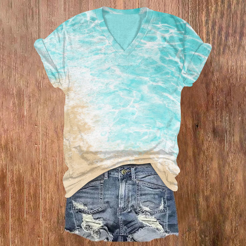 Ombre Beach Waves Art Print T-shirt - Light Blue - US32-34(5XL) - image 1