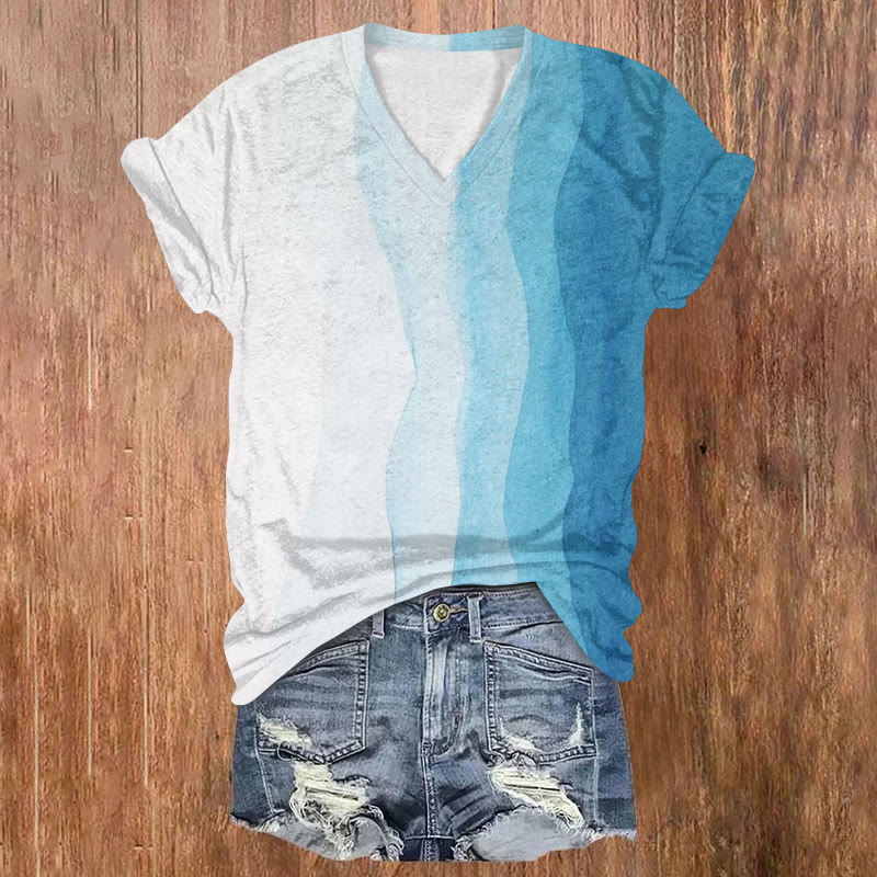 Ombre Abstract Wave Art Print T-shirt - Blue - US32-34(5XL) - image 1