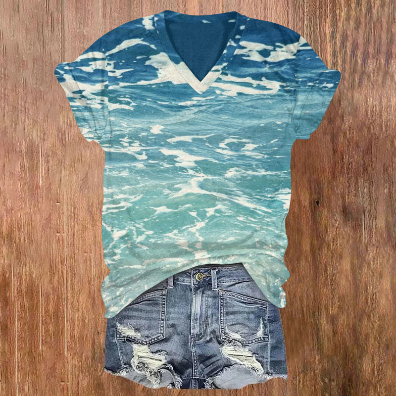 Ombre Ocean Waves & Spindrift Art Print T-shirt - Blue - US32-34(5XL) - image 1