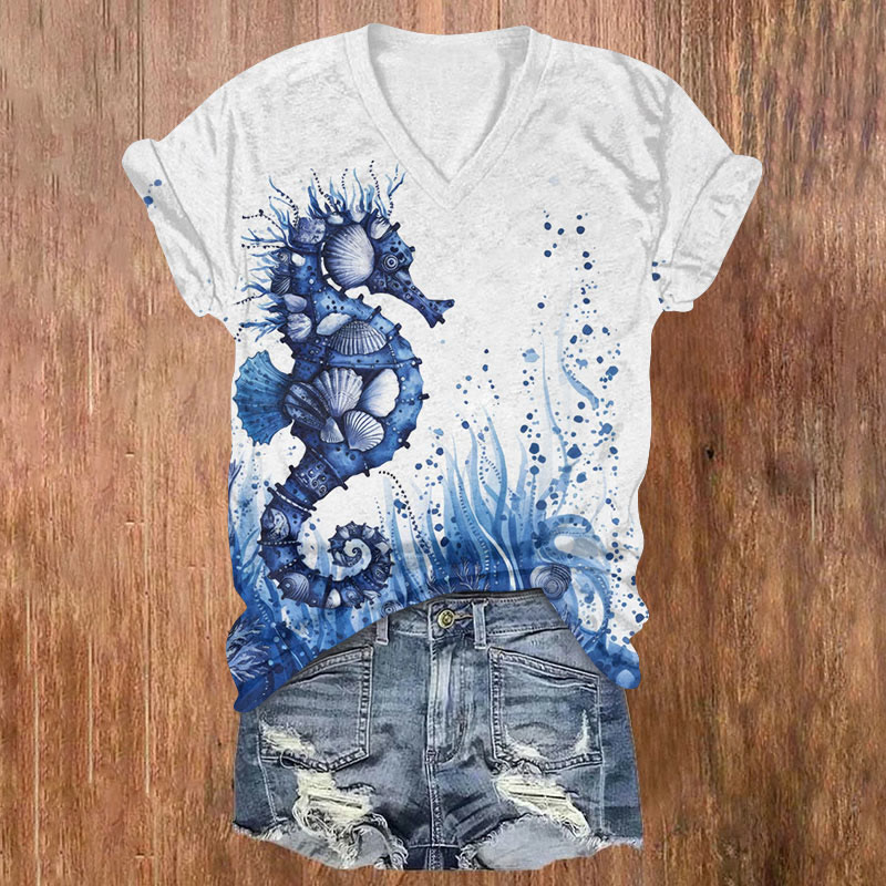 Ocean Treasures Watercolor Seahorse Art Print T-shirt - Blue - US32-34(5XL) - image 1